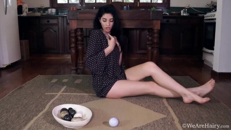 Hairy Brunette Ornella Plays with Stones Solo on Mat