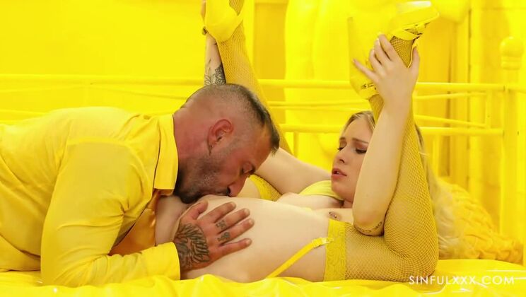 Blonde Babe with Tattoos Takes Deep Throat in Yellow