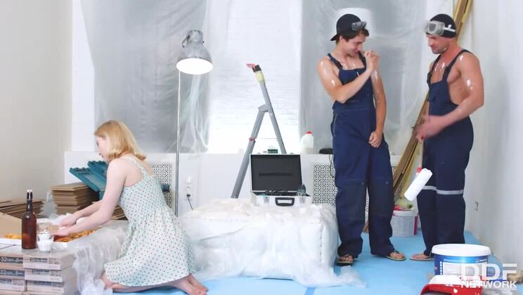 Threesome with Teenager and Two Men