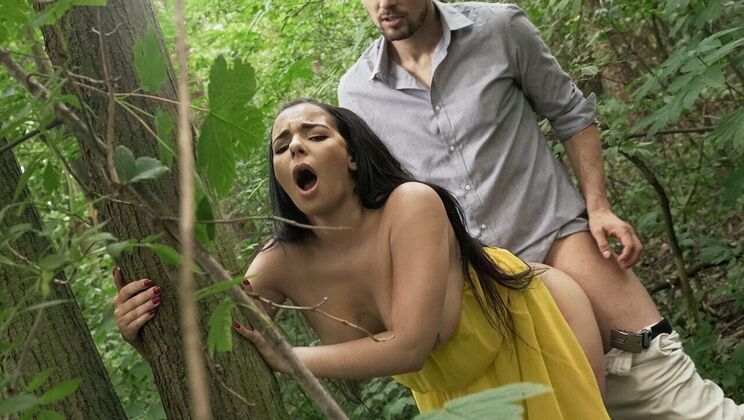 Hot brunette Sophia Laure fucks outdoors in a dress