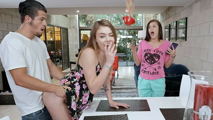 Athletic Brunette in Double Blowjob and Doggystyle Action