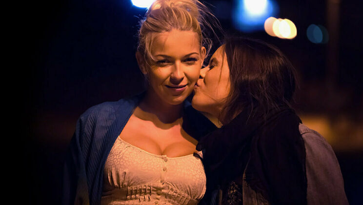 Brunette and Blonde Lesbian Kiss