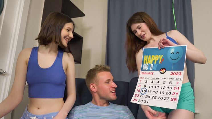 Brunette and Blonde Give Double Blowjob