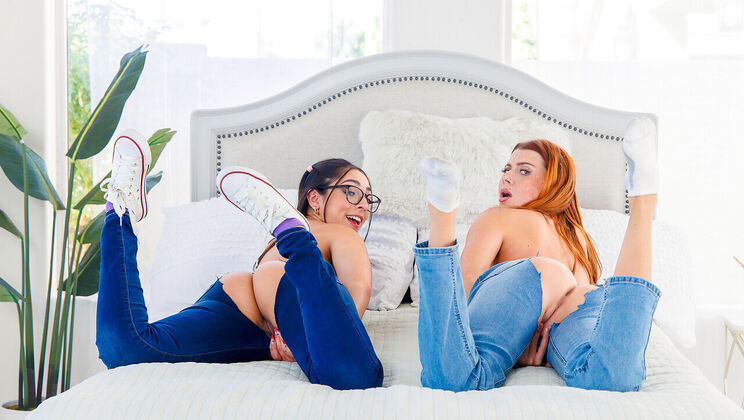 Redhead & Brunette Ride Stepbro's Cock - Cowgirl POV